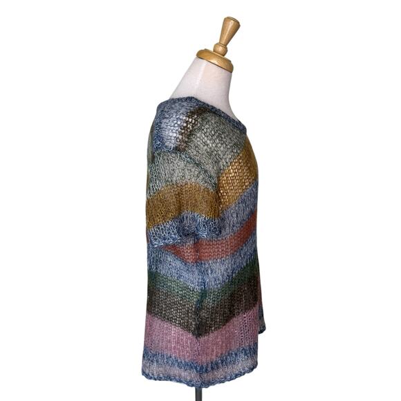 OXMO Crochet Striped Short Sleeve Multicolor Sweater Small - Picture 2 of 7